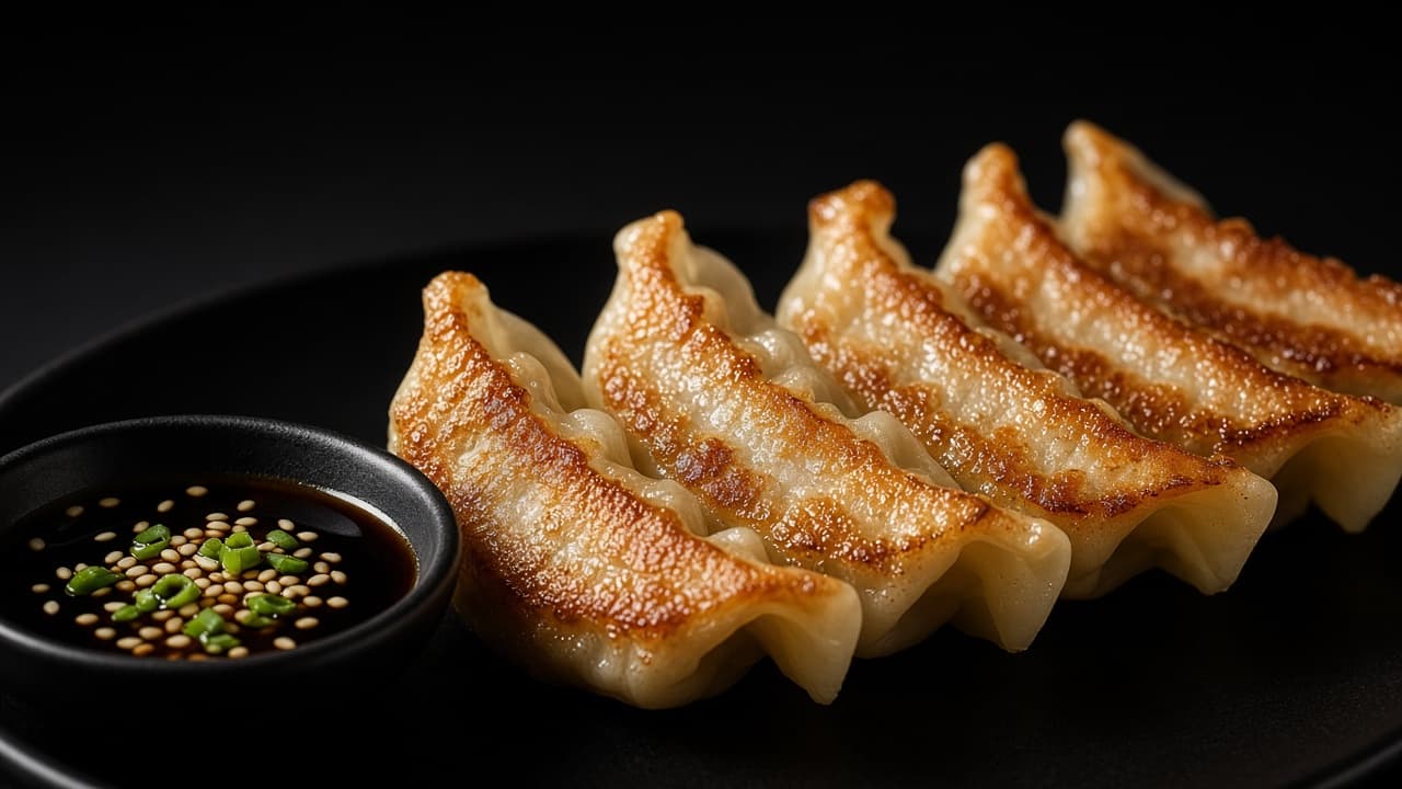 A hand holding a pan-fried gyoza with chopsticks